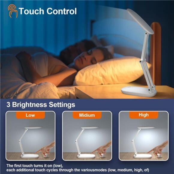 Portable LED Desk Lamp Rechargeable Battery Operated Foldable Dimmable White - Picture 2 of 8